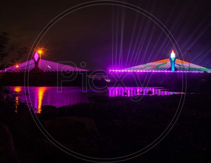 Durgam Cheruvu Cable Bridge getting final touches as the bridge is set to be open for Public use in a few days, August 14, 2020,Hyderabad.