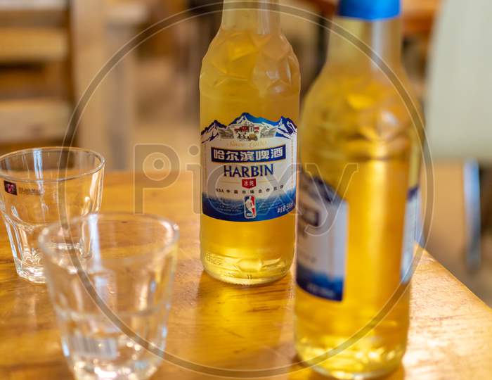 Cold Bottles Of Harbin Beer Served In The Restaurant
