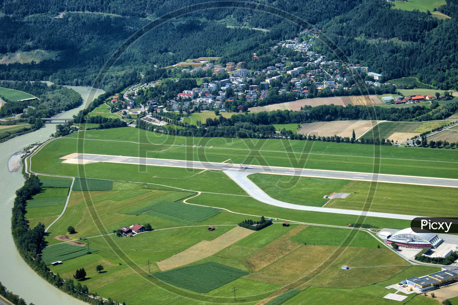 Runway strip of the Innsbruck international airport in Austria 5.7.2020