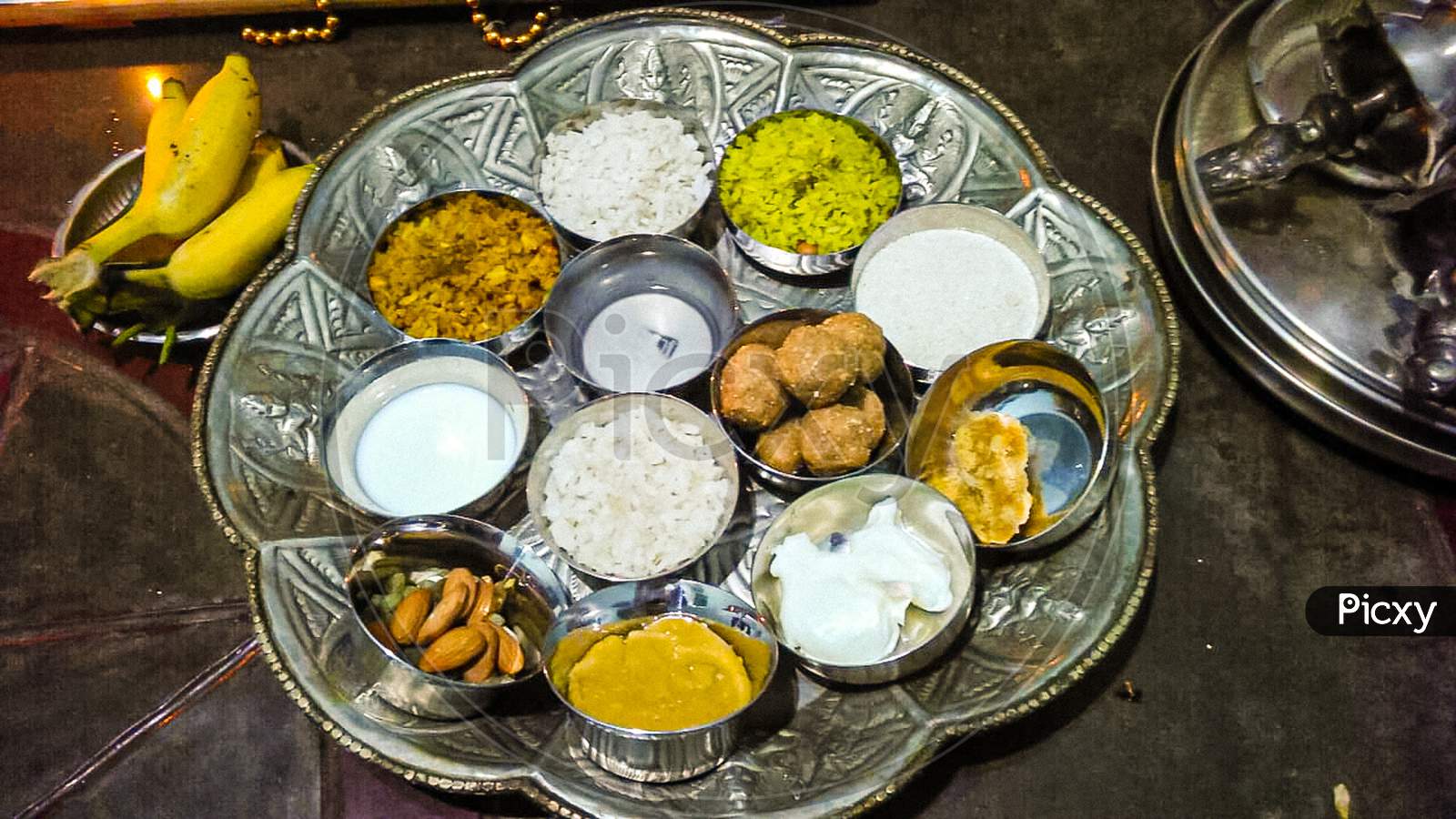 Silver plater offerings for God on the occasion of Krishna Janmashtami