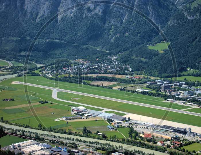 Runway strip of the Innsbruck international airport in Austria 5.7.2020