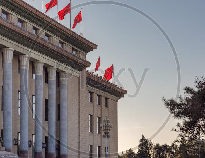 Red Banners Atop The National People`S Congress In Beijing, China