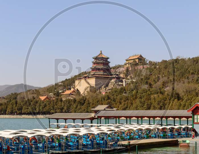 Rows Of Pedaling Boats In Kunming Lake Of Summer Palace In Beijing, China