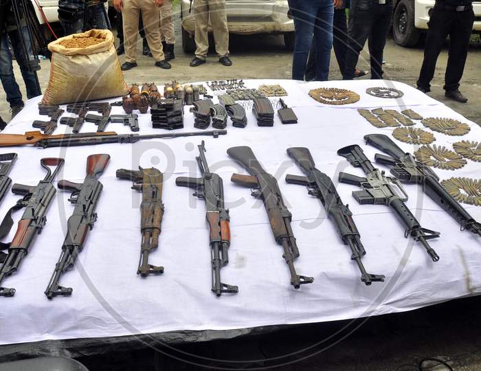 Police Displays Arms And Ammunition That Were Hidden Under The Ground At Udalguri District, At City Police Reserve In Guwahati, Friday, August 14, 2020.