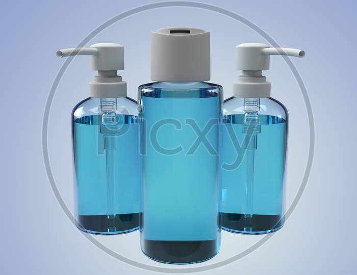 Realistic Looking Hand Sanitizer Bottles And Antiseptic Alcohol Gel With Blank Mockups Isolated In Gradient Background, 3D Rendering