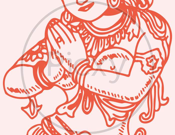 Drawing Of Indian Traditional Dressed Lady Doing Namaste Outline Editable Vector Illustration