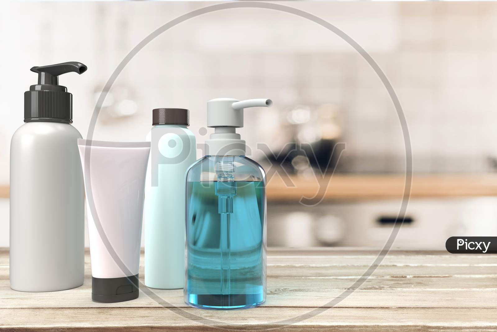Hand Sanitizer Pump Bottle With Antiseptic Alcohol Gel, Pump Bottle, Lid Bottle And Squeeze Tube With Blank Mockups Isolated At Wooden Table Top In Blur Interior Background. 3D Rendering