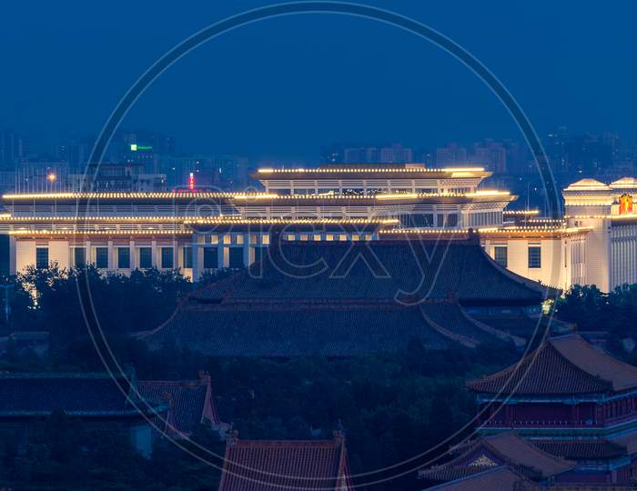 Downtown Beijing With Forbidden City And Illuminated National Museum Of China