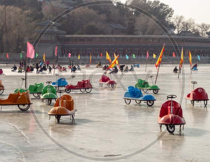 Sledges For Sliding Over Iced Surface Of Frozen Beihai Lake In Beijing, China