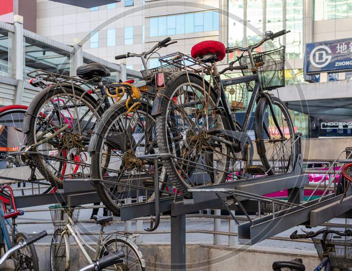 Bicycles Stacked At A Parking Lot Near Zhongguancun Station Of Beijing Subway