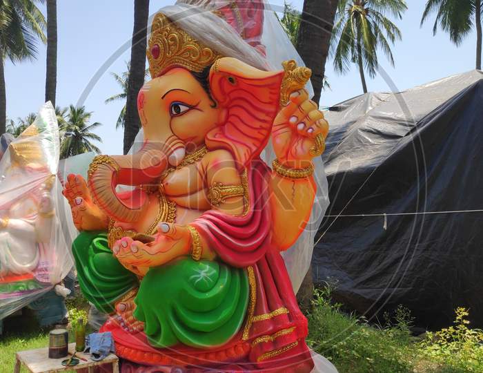 Ganapathi Idols in display at workshop of idol making for Ganesh festival or Ganesh Chathurdhi