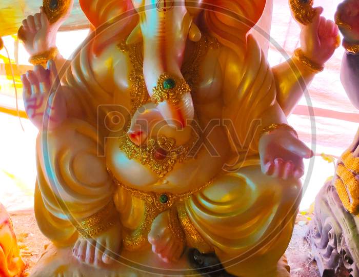 Ganapathi Idol in display at workshop of idol making for Ganesh festival or Ganesh Chathurdhi