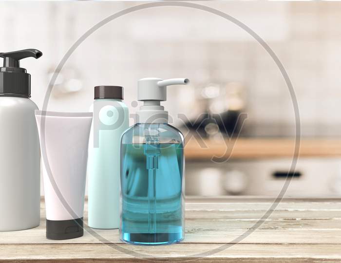 Hand Sanitizer Pump Bottle With Antiseptic Alcohol Gel, Pump Bottle, Lid Bottle And Squeeze Tube With Blank Mockups Isolated At Wooden Table Top In Blur Interior Background. 3D Rendering