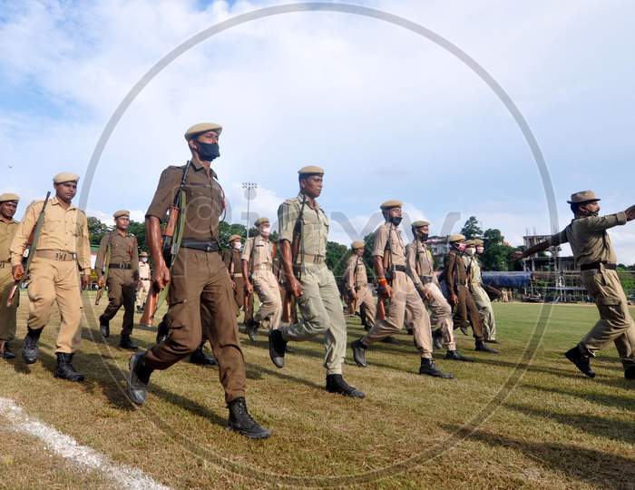 Assam Police Personnel During The Practice Of The Independence Day Parade In Guwahati On August 11, 2020.