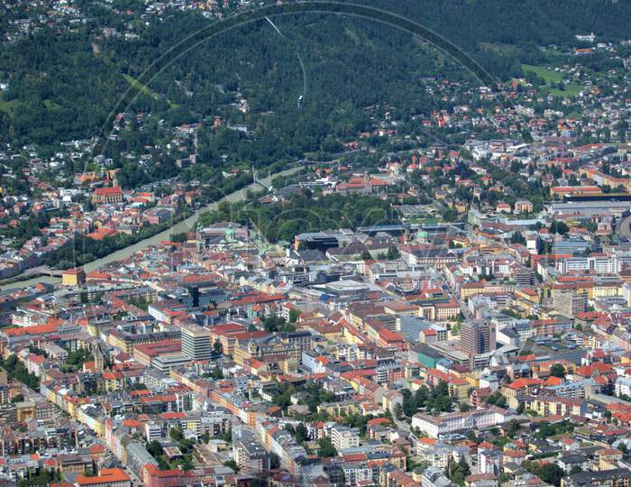 Flight over the city of Innsbruck in Austria 5.7.2020