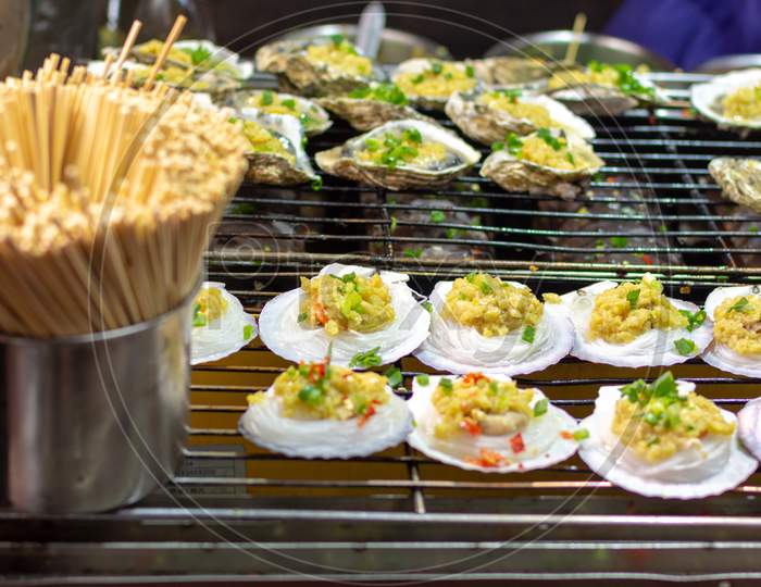 Oysters On The Street Market Food Stall In Luoyang Old City, Henan, China