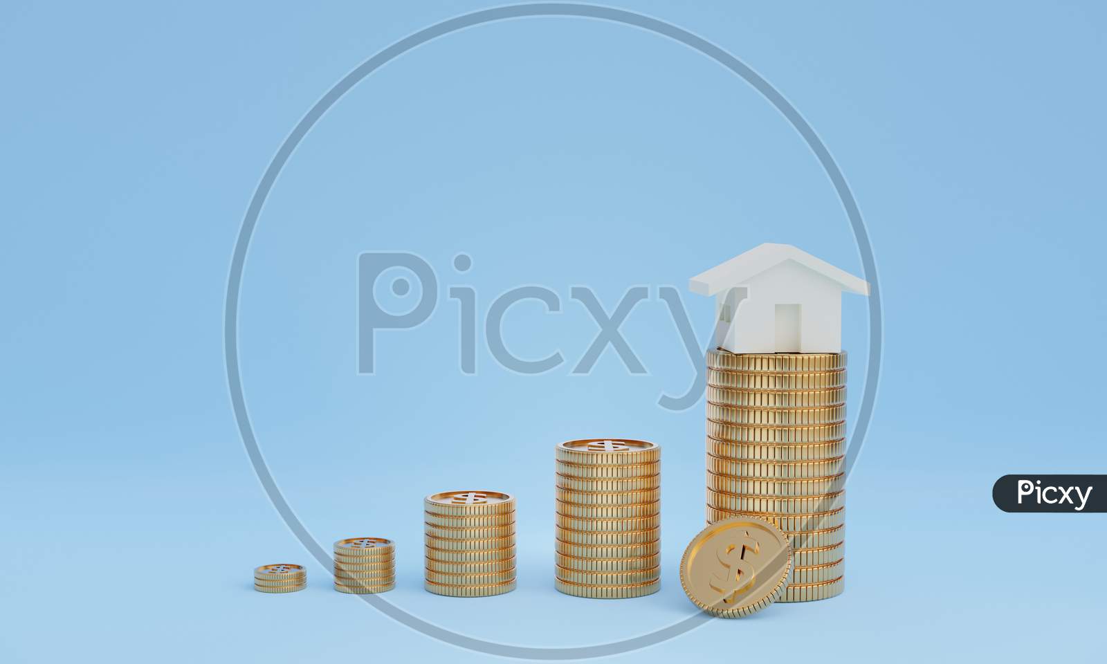 3D Render Image Of Coin Stacks With House, Concept Of Saving Or Investment For Property