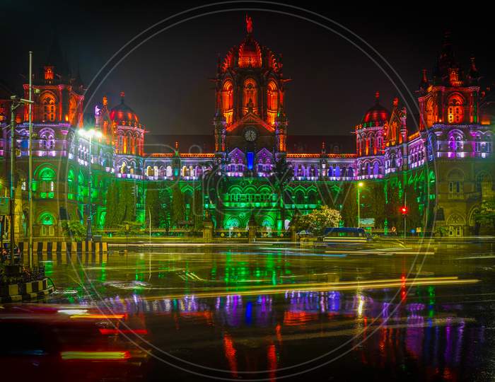 Chhatrapati Shivaji Terminus (CST) is a UNESCO World Heritage Site and an historic railway station in Mumbai, India Tricolor Independence Day Lights