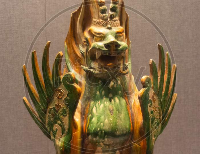 Tang Dynasty Clay Pottery Statue Of A Dragon In Luoyang Museum In Luoyang, China