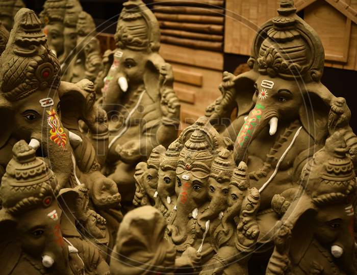 Eco-Friendly Idols Of Hindu God Ganesh Are Kept For Sale Ahead Of Ganesh Chaturthi Festival At A Workshop, In Vijayawada On August 10, 2020.