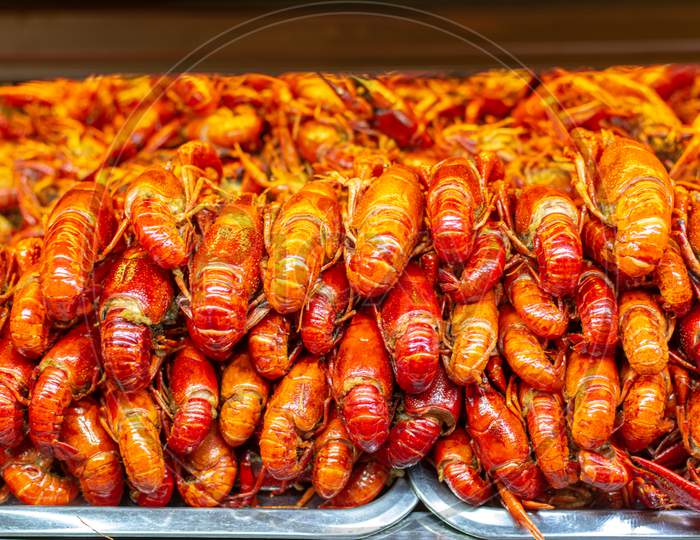 Prawns On Sale At The Street Market Food Stall In Luoyang Old City, Henan, China