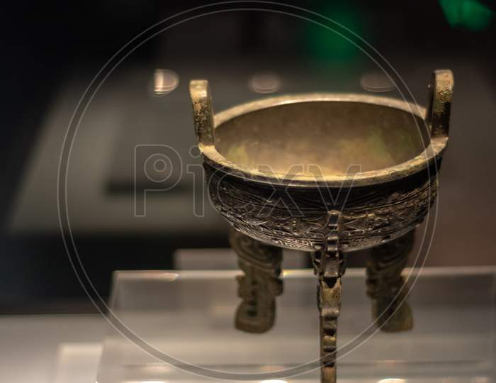 Ancient Chinese Bronze Vessel (Ding) Exhibited In Luoyang Museum, Luoyang, China