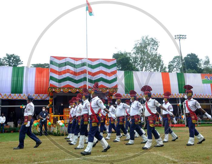 Soldiers participate during a parade on the occasion of 74th Independence day celebrations, In Guwahati on August 15, 2020.