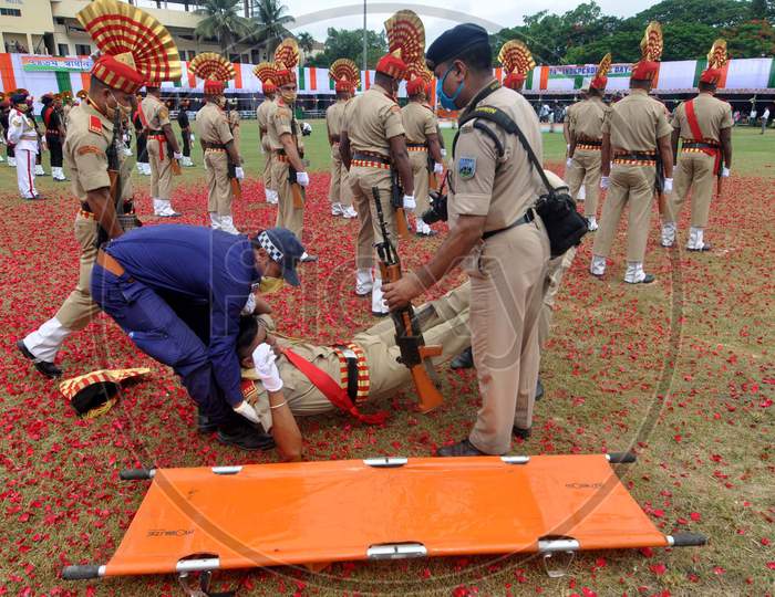 A soldier faints during a parade on the occasion of 74th Independence day celebrations, In Guwahati on August 15, 2020.