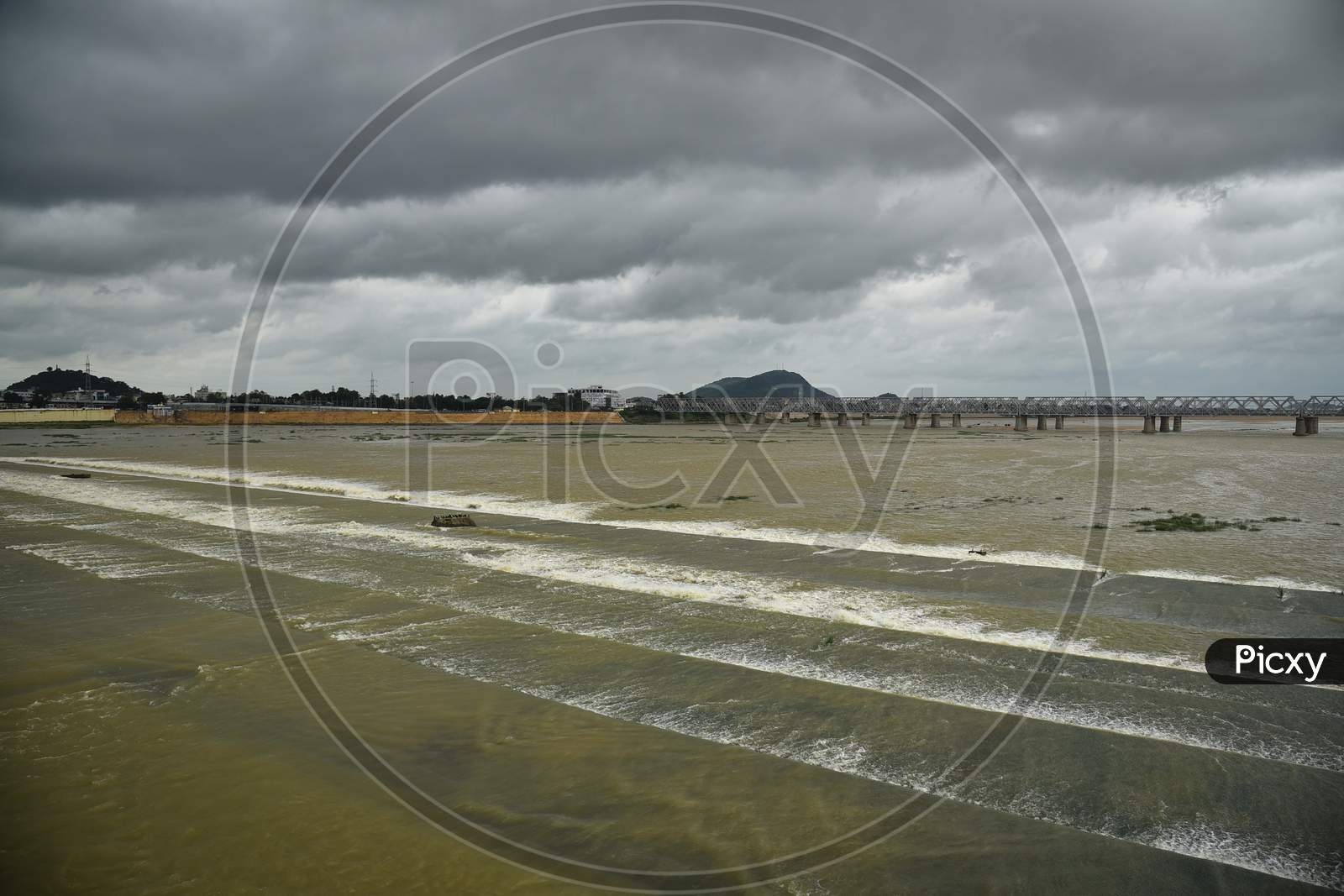 A View Of Krishna River As  Surplus Water Released From The Prakasam Barrage Following Heavy Rains, In Vijayawada On August 13, 2020.