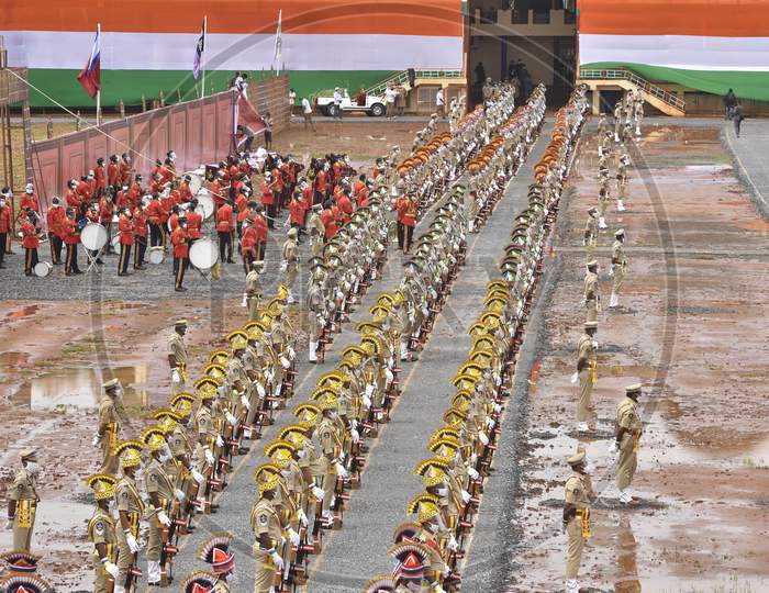 Police Personnel Take Part In The Full Dress Rehearsals For The 74Th Independence Day Celebrations At Indira Gandhi Municipal Corporation Stadium, In Vijayawada On August 14, 2020.
