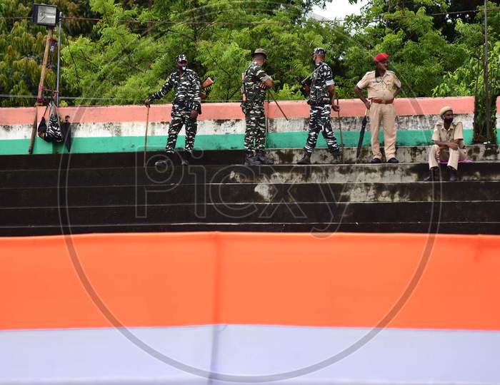 Security Persons Stand Guard On The Occasion of 74th Independence Day Celebrations At Nurul Amin Stadium In Nagaon District Of Assam On August 15, 2020