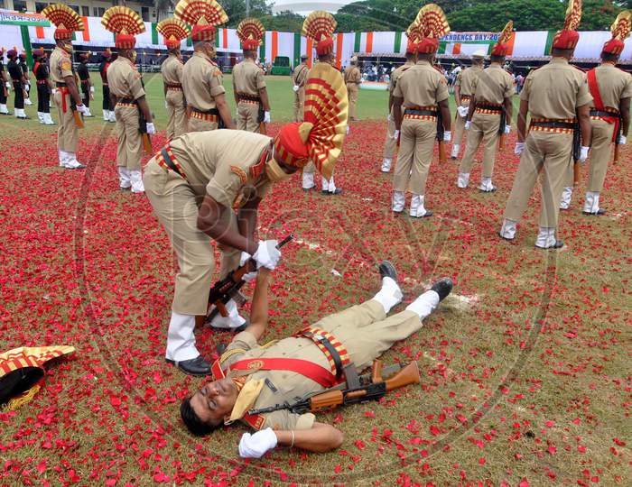 A soldier faints during a parade on the occasion of 74th Independence day celebrations, In Guwahati on August 15, 2020.