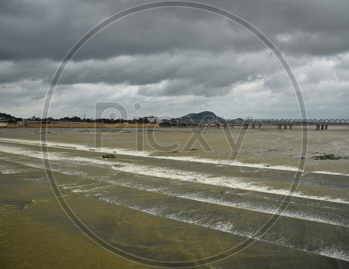 A View Of Krishna River As  Surplus Water Released From The Prakasam Barrage Following Heavy Rains, In Vijayawada On August 13, 2020.