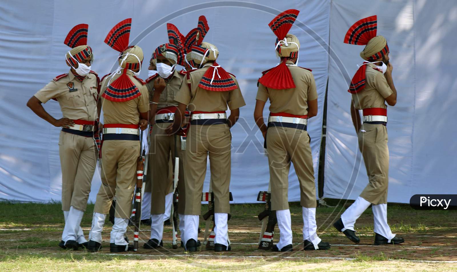Policemen stand after taking part in India's 74th Independence Day celebrations In Chandigarh August 15, 2020