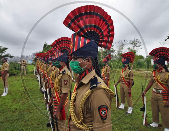 Policemen stand in a line during a flag hoisting function for Independence Day celebrations in Mumbai, India on August 15, 2020.