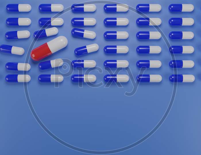 Big Red Capsule Disrupting Row Of Blue Pills, Healthcare Medical Concept, 3D Render