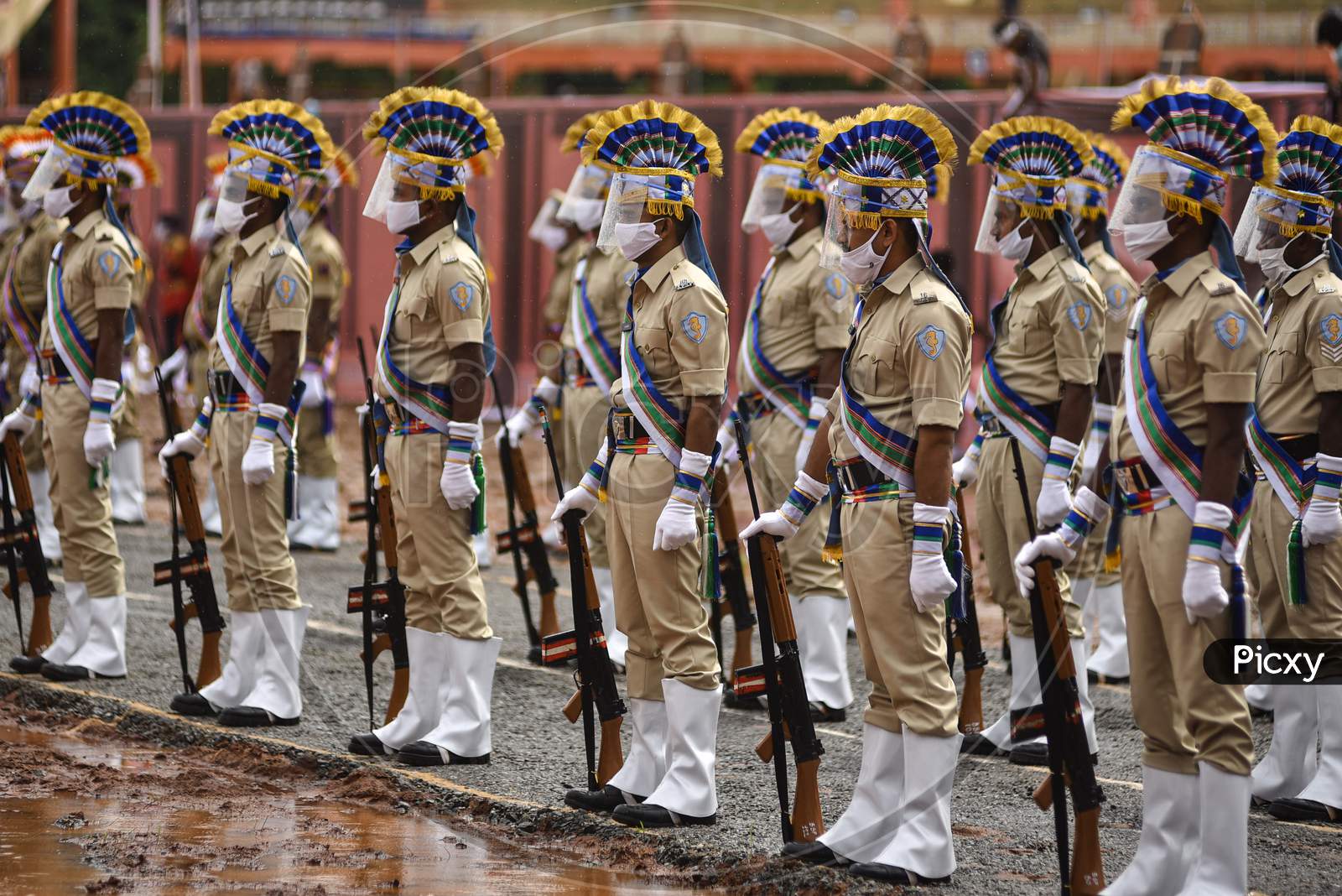 Police Personnel Take Part In The Full Dress Rehearsals For The 74Th Independence Day Celebrations At Indira Gandhi Municipal Corporation Stadium, In Vijayawada On August 14, 2020.