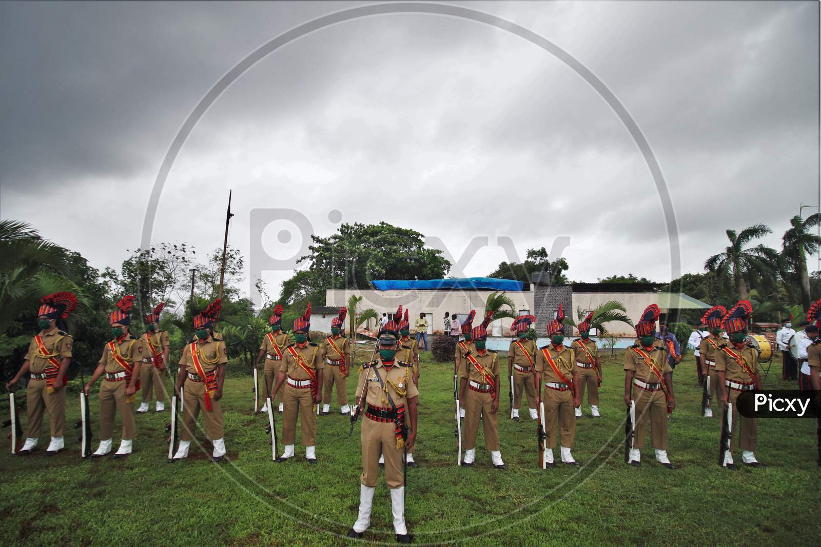 Policemen stand in a line during a flag hoisting function for Independence Day celebrations in Mumbai, India on August 15, 2020.