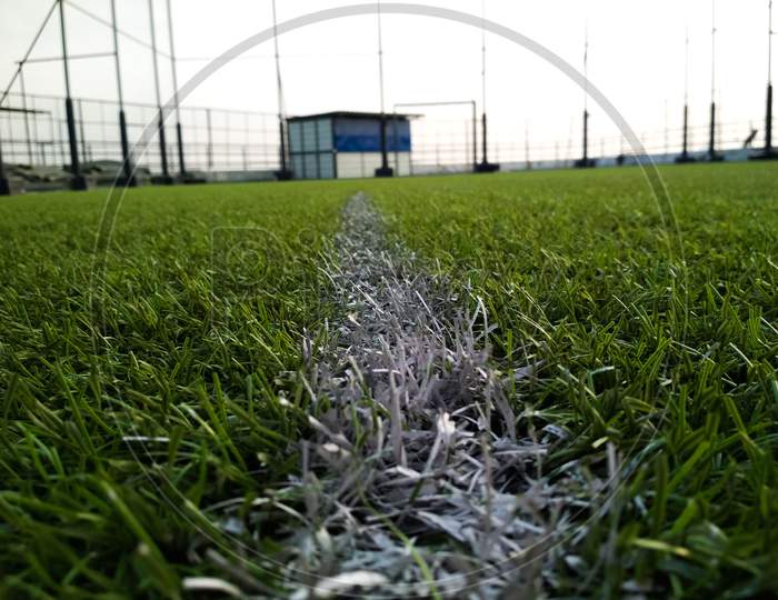 Football field with green grass selective focus.