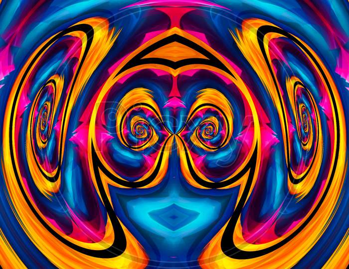 Abstract Optical Illusion Face In Bright Colorful Background. An Illusion Art Graphic Made Up Abstract Colorful Unique Mystery Face. Creativity And Imagination Faces Illustration. Mind Fog Series.