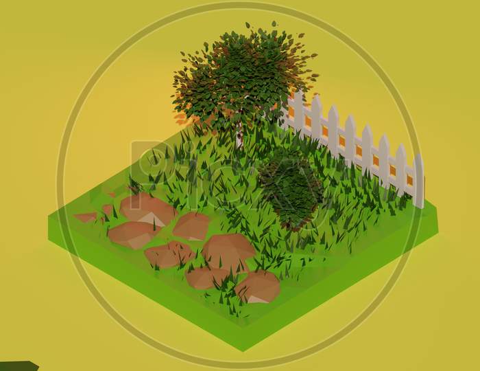 low poly garden with two tree and grass on the ground