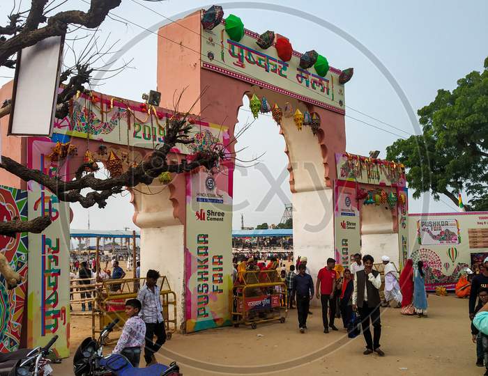 11 December 2019 Pushkar India. Entrance gate of pushkar fair ground.