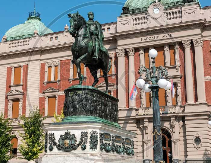 Statue Of Prince Mihailo Obrenovic And National Museum Of Serbia In Belgrade