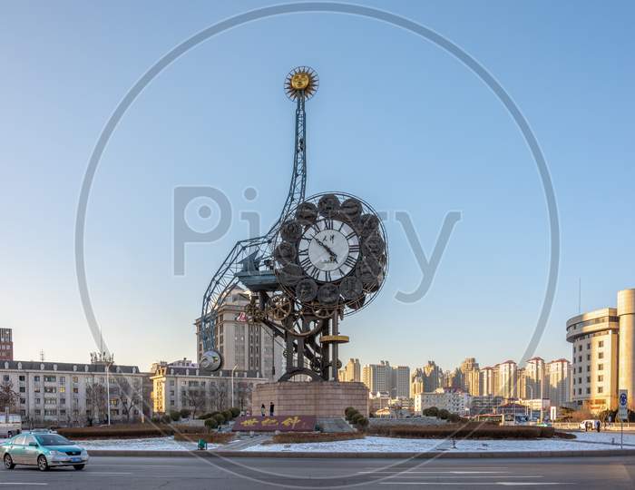 Tianjin Century Clock Near Tianjin Railway Station By The Haihe River, China