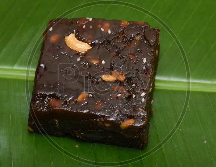 Indian sweet food dessert black Halwa, Aluva for Onam, Diwali
