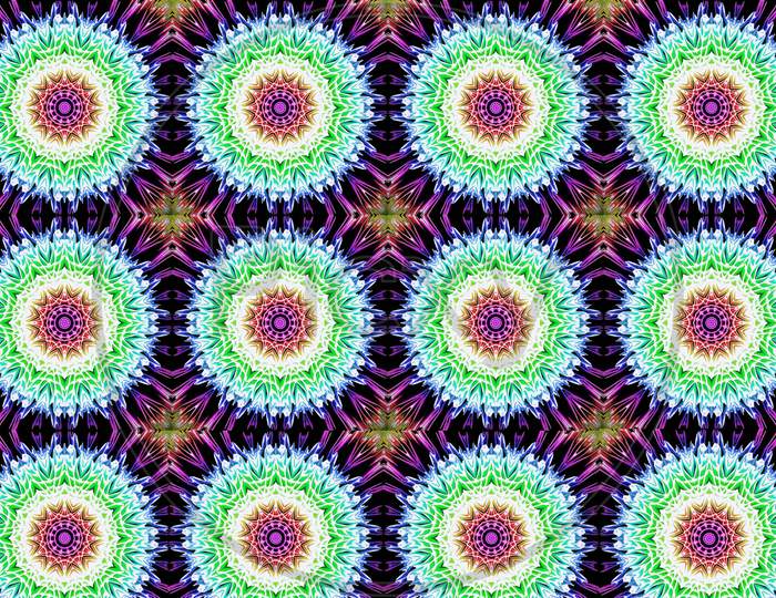 Seamless Rainbow Multi Color Pattern With Oriental Mandalas. Hippie Mandala Pattern. Kaleidoscope Elements.