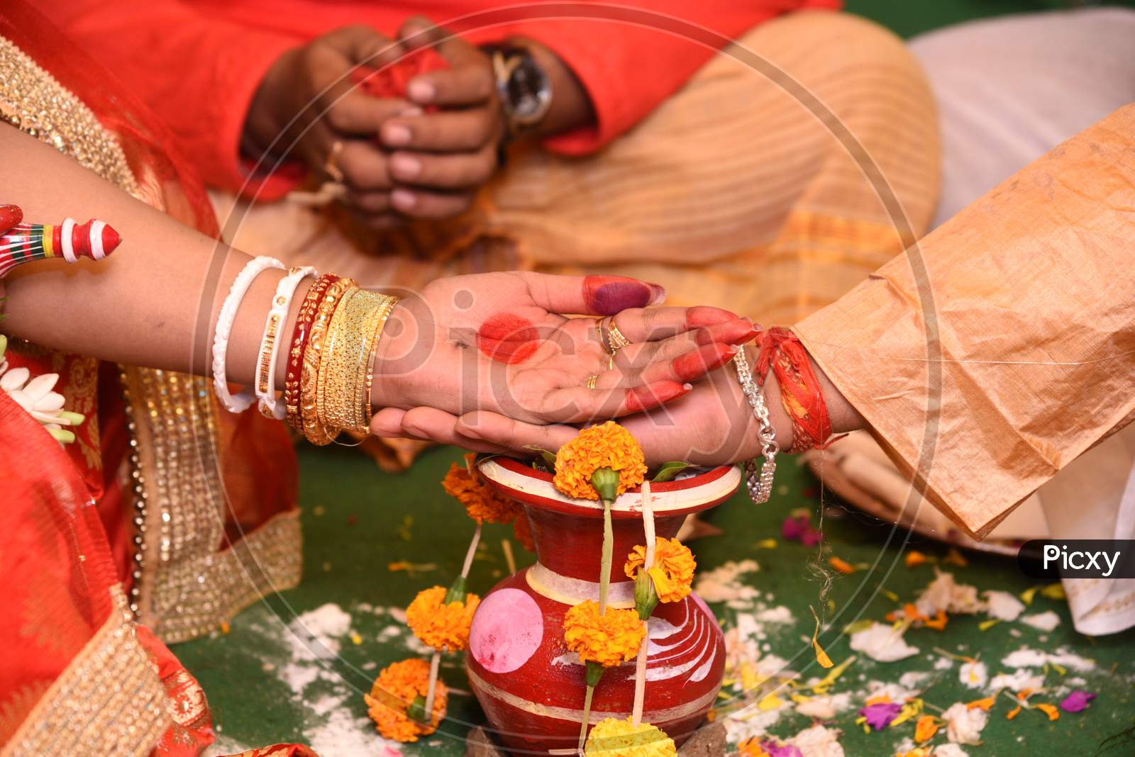 Groom And Bride'S Palm Kept On Each Other During Hindi Bengali Marriage Rituals.