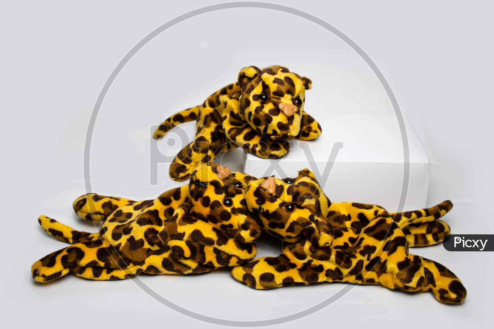 Three Playing Stuffed Leopard Soft Toys Isolated On A Plain White Background