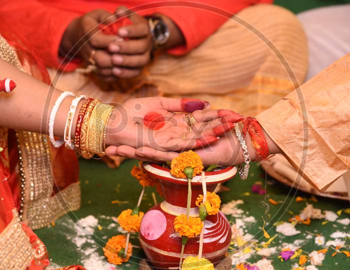 Groom And Bride'S Palm Kept On Each Other During Hindi Bengali Marriage Rituals.