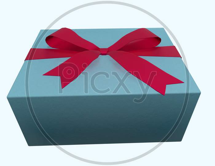 3D Rendering Christmas And New Year'S Day, Blue Gift Box With Red Ribbon On Pink Background